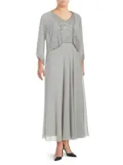 JKARA Plus Size 18W Gray/Silver Beaded & Sequin Jacket & Gown Set NWT $329