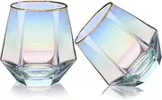 XKXKKE Diamond Wine Glasses Set of 2, 10 OZ Modern Stemless Gold Rim Glass Cups Iridescent Drinking Glassware for Serving Party, Home, Bar, Restaurants, Gift, Rainbow Tumbler, Colorful 2 Pack