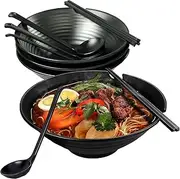 4 × Ramen Bowl Set, Japanese Ramen Bowl, Melamine Large Japanese Style Noodle Soup Bowls Set, 37 Oz Melamine Ramen Bowl Set with Chopstick and Ladle Spoon for Udon Soba Pho Any Soup Meal (4pcs-Black)