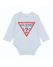 GUESS White Cotton Logo Long Sleeve Bodysuit Size: 12M, Spandex