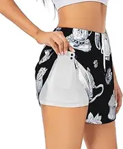 [JEJEA] Hand Drawn Teapots and Cups Print Summer High-Waisted Athletic Shorts Women's Running Workout Shorts, Ideal for Gym Yoga Casual