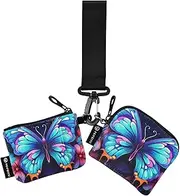 [XYMZR] Mini Zip Around Wristlet keychain Wallet Blue Butterfly Floral for Women Personalized Pattern Detachable Dual Pouch Wristlet Portable Wallet Phone Coin Purse, Multi-colored, One Size