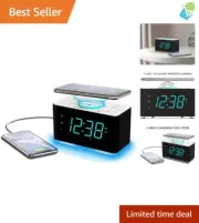 Compact Bluetooth Alarm Clock Radio with Fast Wireless Charger & Night Light