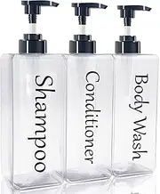 Shampoo and Conditioner Dispenser (Clear, Set of 3, 27oz) - Refillable Bottles for Body Wash - Modern Empty Shower Soap Dispensers
