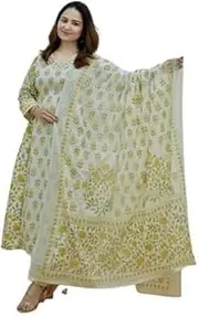 [Aizza Trends] Women's Printed Kurti Pant With Dupatta Set, White Yellow, Medium