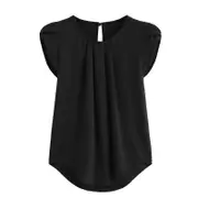 Catzon Womens Casual Round Neck Basic Pleated Top Short Sleeve Curved Keyhole Back Blouse-Black