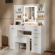 Makeup Vanity Desk Dressing Table Stool Set w/ Dimmable LED Mirror Drawers White