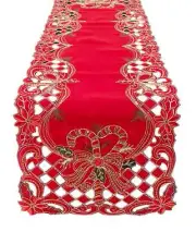 Gold Sequin Holly Bow Red Table Runner 16" x 88"