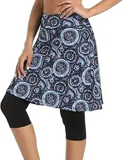 [K898] Women Long Knee Length Skirt with Leggings, Capris Skirted Leegings with Skirts Zipper Pockets