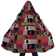 Personalized Hooded Cloak Coat, Plaid Christmas Deer Patchwork Cloak Coats