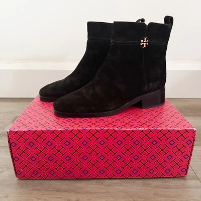 NEW Tory Burch Black Suede Gold Logo Everly Flat Boots 9.5
