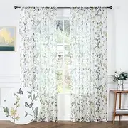 [Tollpiz] Sheer Floral Curtain Yellow Flower Butterfly Printed Bedroom Curtains Rod Pocket Voile Faux Linen Window Curtain for Living Room, 54 x 84 inches Long, Set of 2 Panels