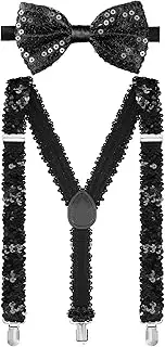 Jadive 2 Pieces Sequin Braces Bow Tie Set Y Clip Glitter Braces Elastic Band Adjustable Sequins Bow Tie Costume Accessory for Men Women Disco Carnival Fancy Dress Halloween Theme Party, black,
