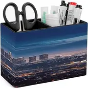 Pen Holder 2 Compartments Leather Pen Container Makeup Brush Holder Cup Storage Office Table Stationery Organizer Los Angeles Skyline Printed Pen Cup