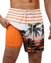 Gleeease Swim Trunks Mens 5 Inch Inseam Compression Liner Men Bathing Suit Lined Board Shorts Stretch Men's Swimming Suits