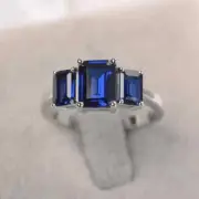 2Ct Emerald Cut Simulated Sapphire Engagement Ring 14K White Gold Plated Silver