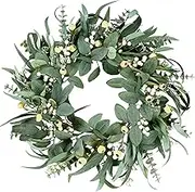 Sggvecsy Artificial Eucalyptus Wreath for Front Door 21 Inch Greenery Wreath Green Leaves Wreath with Mixed White Berries Spring Summer Wreath for Farmhouse Window Porch Wall Home Indoor Outdoor Decor