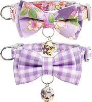 Vin Beauty 2 Pack Cat Collars Breakaway, Summer Cat Collar with Removable Bow Ties, Cute Flower Plaid Kitten Collars with Bell, Safety Adjustable Cat Collar for Boy Cats Girl Cats Kitten Pets, Purple