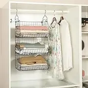 Isyunen 3 Tier Closet Hanging Shelf Organizer,Clothes Hanging Shelves with Hooks,Foldable Closet Organizers for Clothing,Handbag,Toys,Black 30.5 * 16.5 * 60.9cm