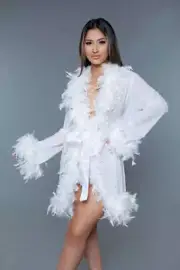 BeWicked Lux Robe Sheer White Feather Trim