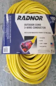 RADNOR Red Glow Ends 100ft Yellow SJTW Ext Cord w/RED Lighted Ends PN 64006305