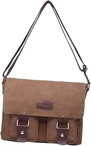 [LALADEFIEE] Retro Large Satchel Men's Canvas Messenger Bag Shoulder Bag College Bookbag Brown Pu and Cotton Lining
