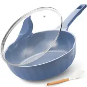 Blue Ceramic Skillet with Bird Knob Lid – 11" Deep Nonstick Frying Pan, 4Qt F...