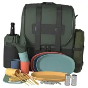Picnic Backpack for 4 - Stylish Insulated Set With Blanket, Wine Cooler, Green