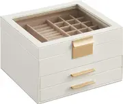 3-Layer Jewelry Box with Glass Lid and Drawers - Cloud White and Gold