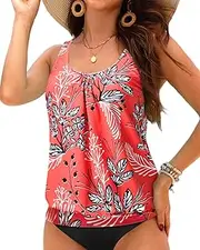 [Yonique] Womens Blouson Tankini Top No Bottom Loose Fit Swim Top Modest Tank Top