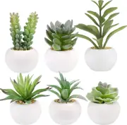 Set of 6 Succulents Plants Artificial in Mini White Ceramic Pots Small Fake Succ