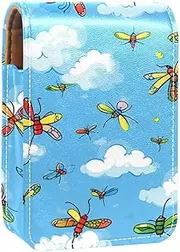 Lipstick Case,Leather Lip Gloss Lipstick Organizer with Mirror,Mini Lipstick Holder Bag,Blue Cartoon Dragonfly