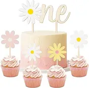 5PCS Daisy Wood ONE Cake Toppers Painted Colorful Boho Groovy Daisy Flower Dessert Cupcake Topper Decors for Kids Girl One Year Old First Birthday Baby Shower Hippie Party Favors Supplies