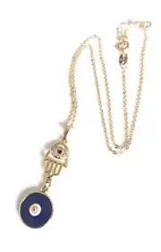 Hamsa Hand Choker Necklace for Women Blue Evil Eye Nazar Pendant 15.5 Inches