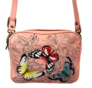 Anuschka Hand Painted Leather Twin Zippered Crossbody Bag-Butterfly Garden