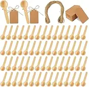 WOPPLXY 100 PCS 3 Inch Mini Wooden Spoons, Small Wooden Spoons with 100 PCS Tags and Twines, Disposable Small Spoons for Spice Jars, Mini Bath Salt Spoon for Spice Jars Condiments Honey Sugar Kitchen