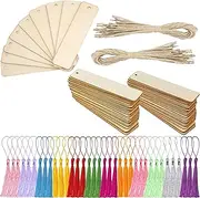 180 Pieces Wood Blank Bookmarks Set, BetterJonny 72 Pieces Craft Bookmark with 36 Pieces Tassels and 72 Pieces Ropes DIY Unfinished Wood Book Marker Tags for DIY Craft Wedding Birthday Party Decor