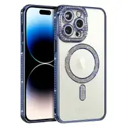 For Apple iPhone 14 Pro Case, MagSafe Magnetic Diamond Rhinestone Glitter Cute Crystal Bling Full Camera Lens Protector Shockproof Cover – Blue