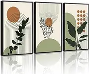 PHOPAGO Boho Plant Wall Art Green Botanical Bohemain Framed Wall Printing 11x14in Abstract Canvas Prints with Leaf & Sun Lines - Black Framed
