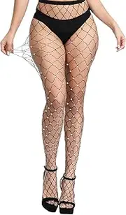 [Generic] Rhinestone Fishnet Tights Bodysuit High Waisted Diamond Fishnet Black Stockings Night Club Sparkly Rhinestone Tights Fishnet Stockings Tights for Women