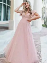Ever Pretty Dress/ Double V-Neck Floor Length Pink Dress with Short Sleev