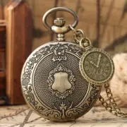 Shield Pattern Pocket Watch Men's Quartz Movement Watches with Necklace Chain
