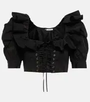 [Alessandra Rich] Alessandra Rich Lace-up ruffle-trimmed cropped top AU 14 black
