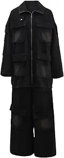 [Generic] Women's Plus Size Lapel Zipper Denim Jacket Wide Leg Pants Two-Piece Set Solid Color Casual Loose Long Sleeved Set with Pockets