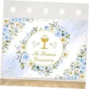 Boy Baptism Backdrop Mexican Mi Primera Communion Christening Gold 7x5ft Blue