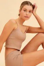 Beige Seamless Singlet Top Scoop Neck Rib Crop - Size M, Women's Tank