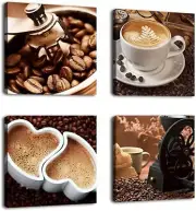 Coffee Canvas Modern Wall Art 12” x 12” Prints - 4 Wood Prints Canvas Wrapped