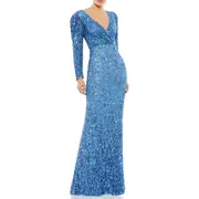 Mac Duggal Puff Shoulder Long Sleeve Sequined Surplice Gown in French Blue at Nordstrom, Size 14