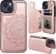 [MMHUO] for iPhone 15 Case with Card Holder, Flower Magnetic Back Flip Case for iPhone 15 Wallet Case for Women, Protective Case Phone Case for iPhone 15,Rose Gold
