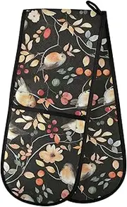 Birds Floral Pattern Double Oven Mitt Heat Resistant Non-Slip Kitchen Gloves Extra Long 7" x 35" for Cooking Baking Barbecue Grilling